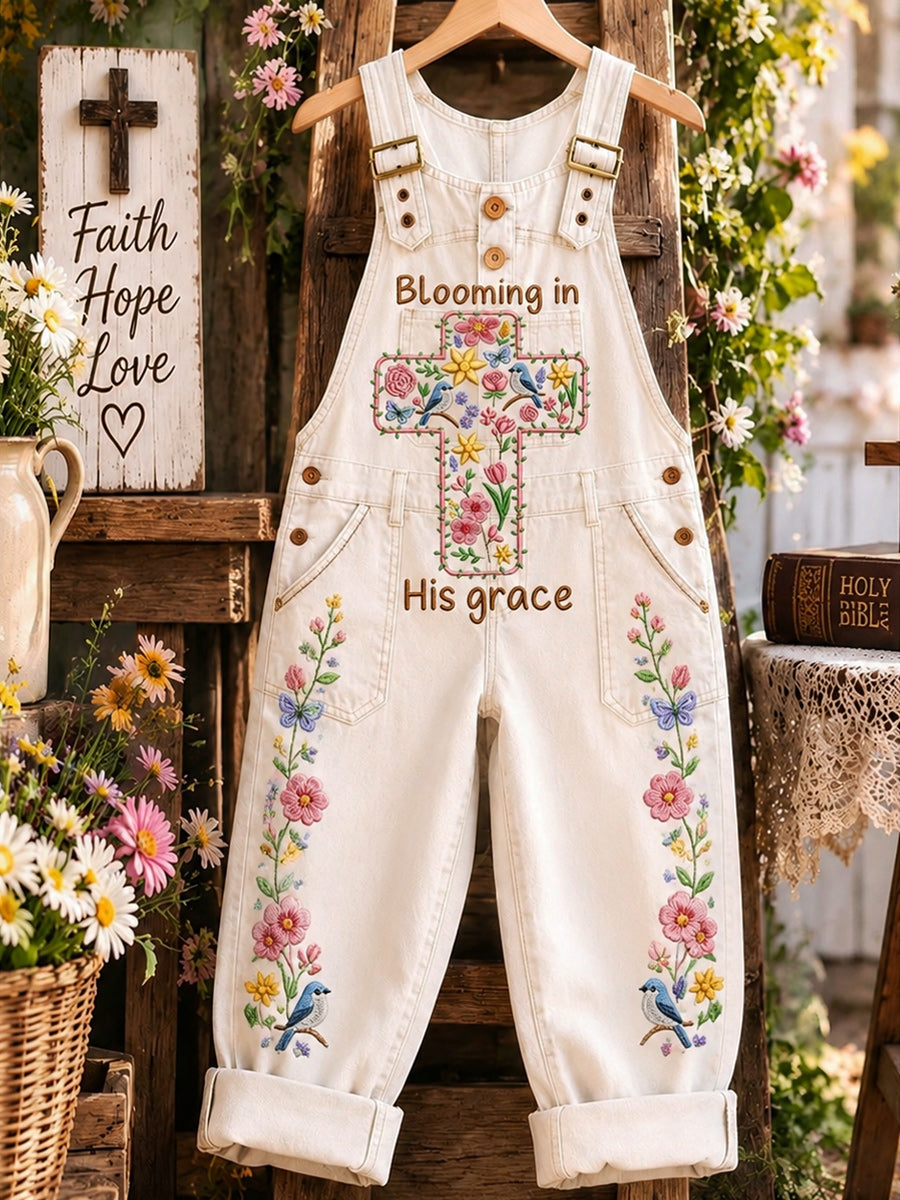 Women's Retro Style Art Print Washed Cotton Denim Patchwork Jumpsuit